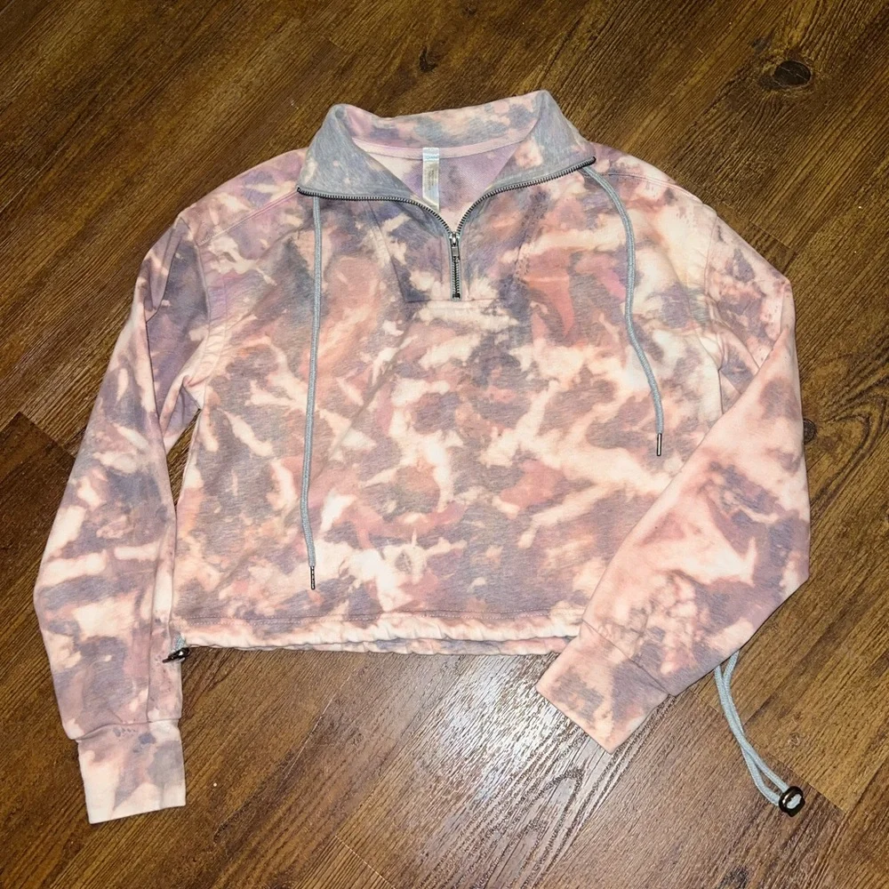 Gray Pink Colorful Acid Wash Quarter Zip Crop Long Sleeve Boho Pullover Size M - Picture 1 of 13
